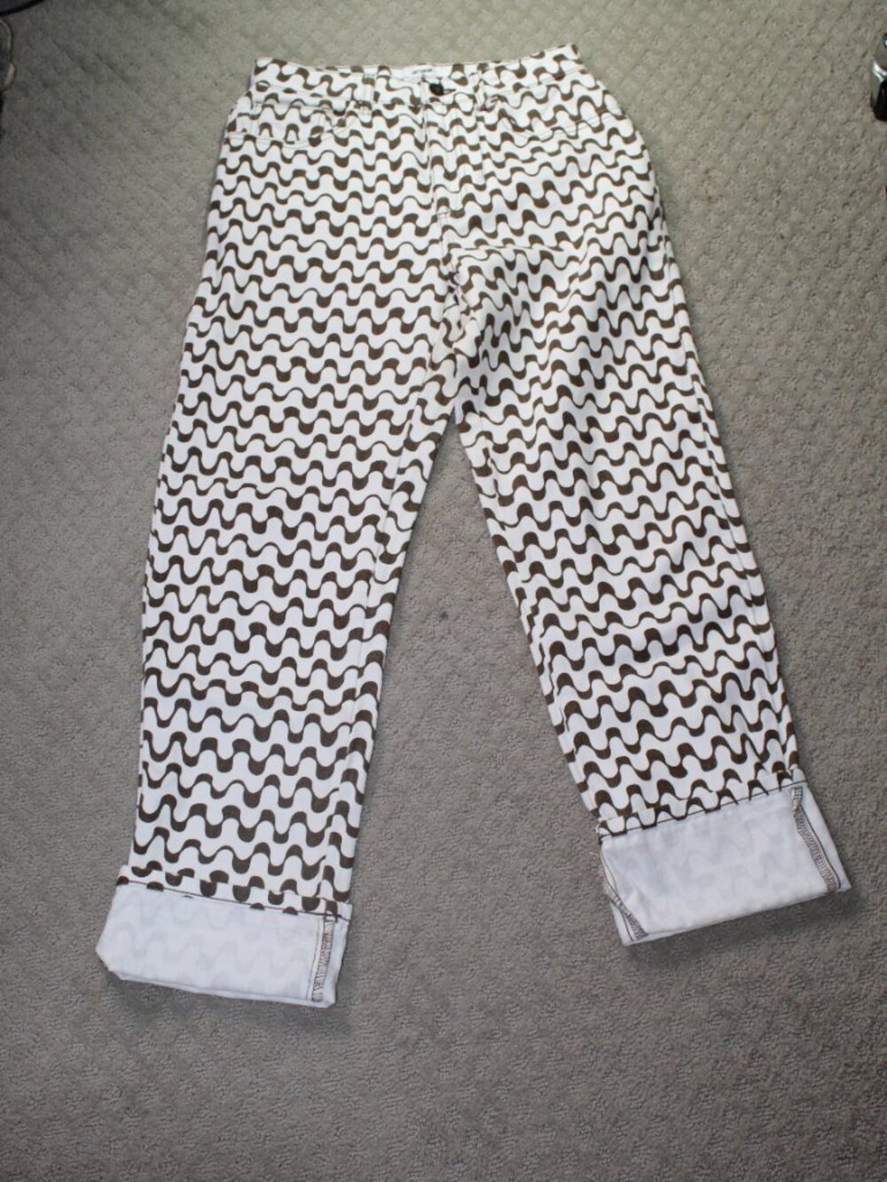 Cotton:On Size 4 Long Straight Leg 100% Cotton Cream Brown Waves Jeans